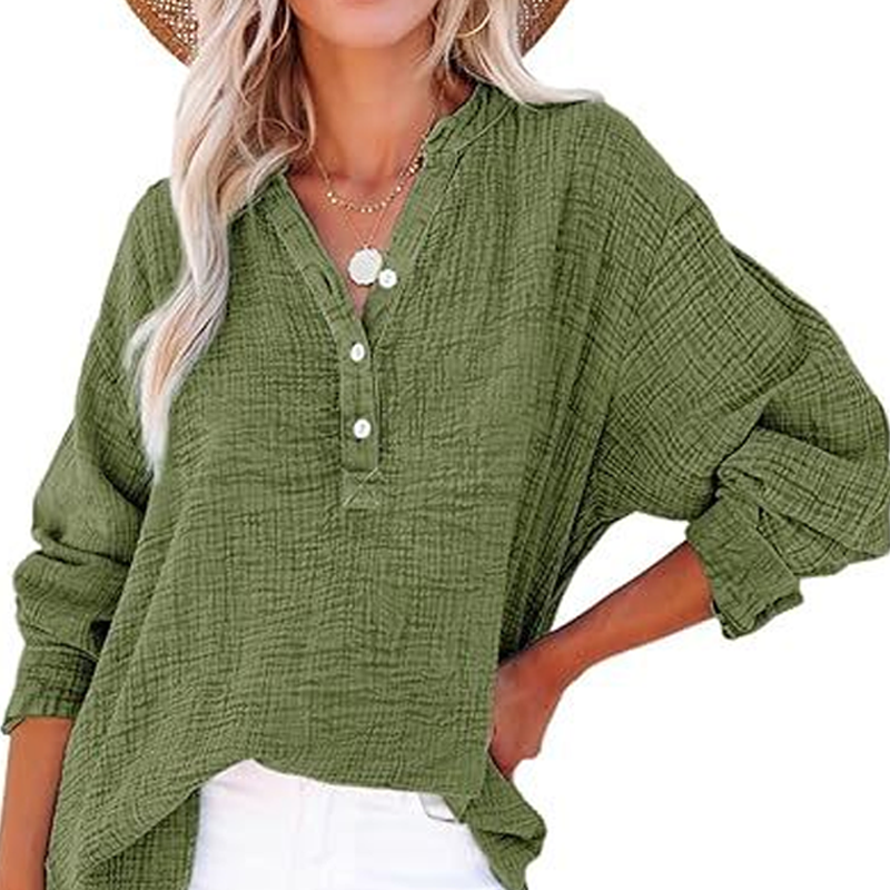 Breezia Luxe Women's Casual Gauze Button Neck Long Sleeve Blouse - Lightweight Everyday Comfort - 70% OFF