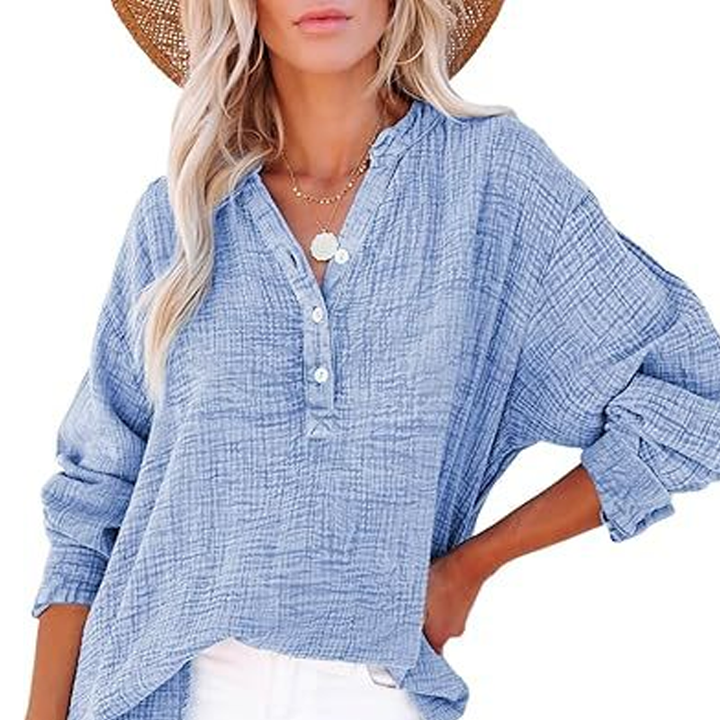 Breezia Luxe Women's Casual Gauze Button Neck Long Sleeve Blouse - Lightweight Everyday Comfort - 70% OFF
