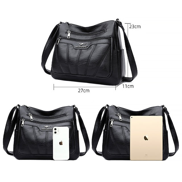 Women's Black Brown Crossbody Bag with Multiple Zippered Pockets