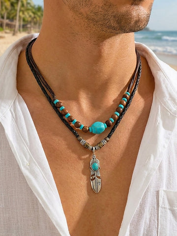 Men's Vintage Feather Pendant Necklace with Turquoise Beads