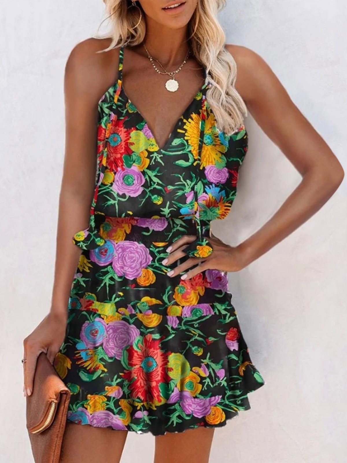 V-Neck Sleeveless Floral Print Suspender Dress