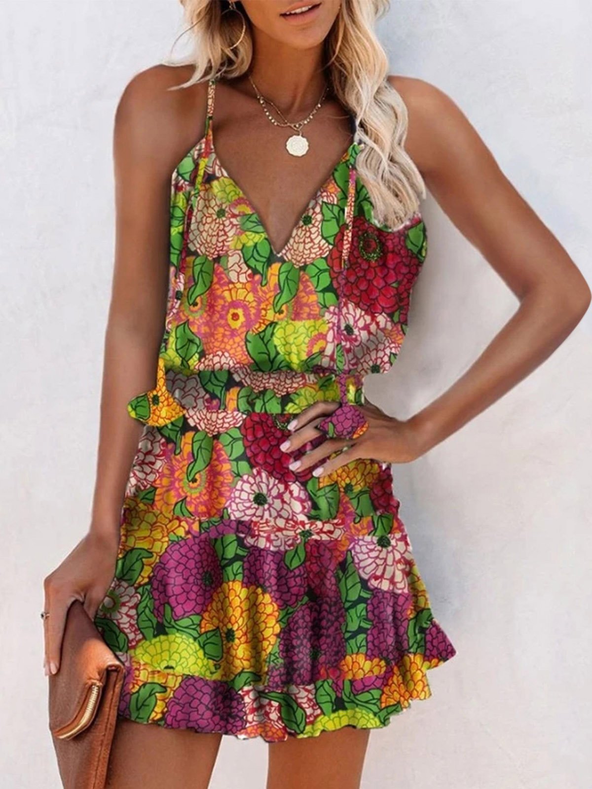 V-Neck Sleeveless Floral Print Suspender Dress
