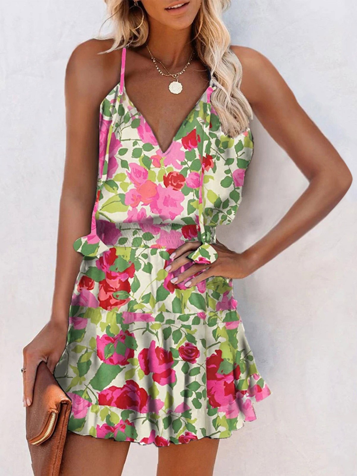 V-Neck Sleeveless Floral Print Suspender Dress