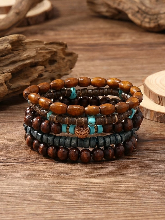 Men's Bohemian Stackable Wood Bead Bracelet Set