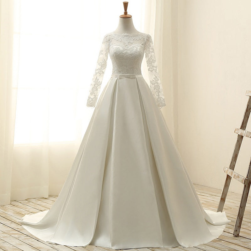 Vintage Satin Long Sleeves Trail Lace Wedding Dresses