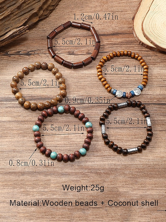 Men's Multilayer Wooden Bead Bracelet Set, Bohemian Style Handmade Jewelry for Casual and Beachwear