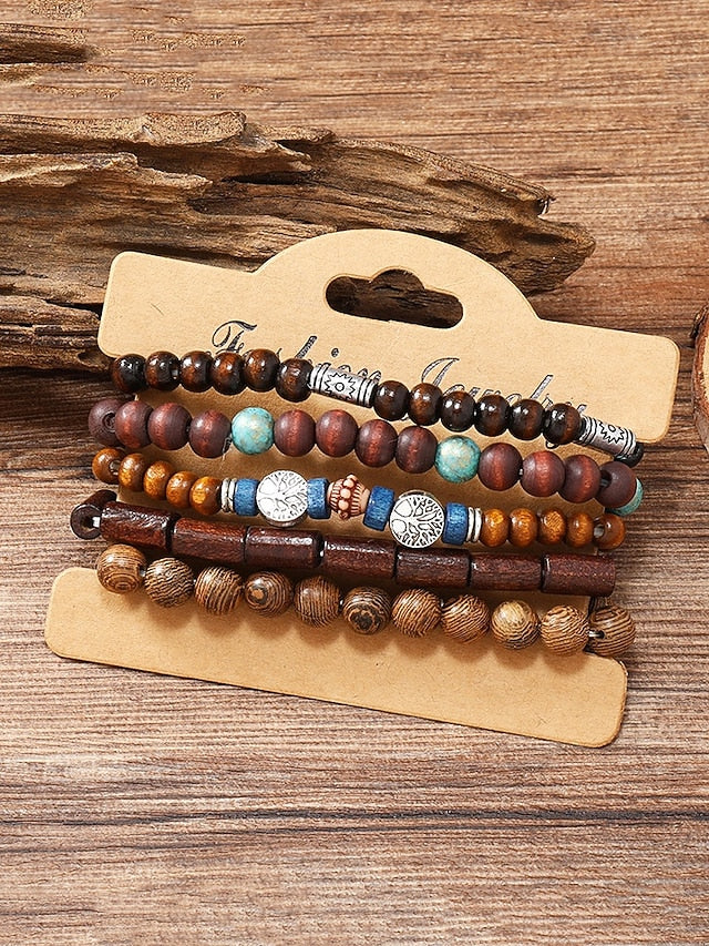 Men's Multilayer Wooden Bead Bracelet Set, Bohemian Style Handmade Jewelry for Casual and Beachwear