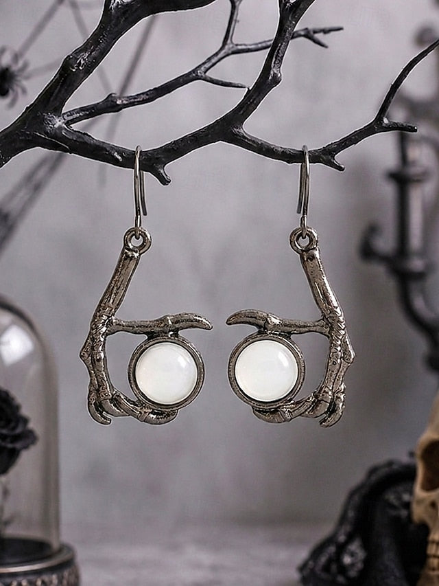 Women's Gothic Crescent Moon Drop Earrings with Gemstone Detail,