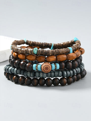 Men's Bohemian Stackable Wood Bead Bracelet Set