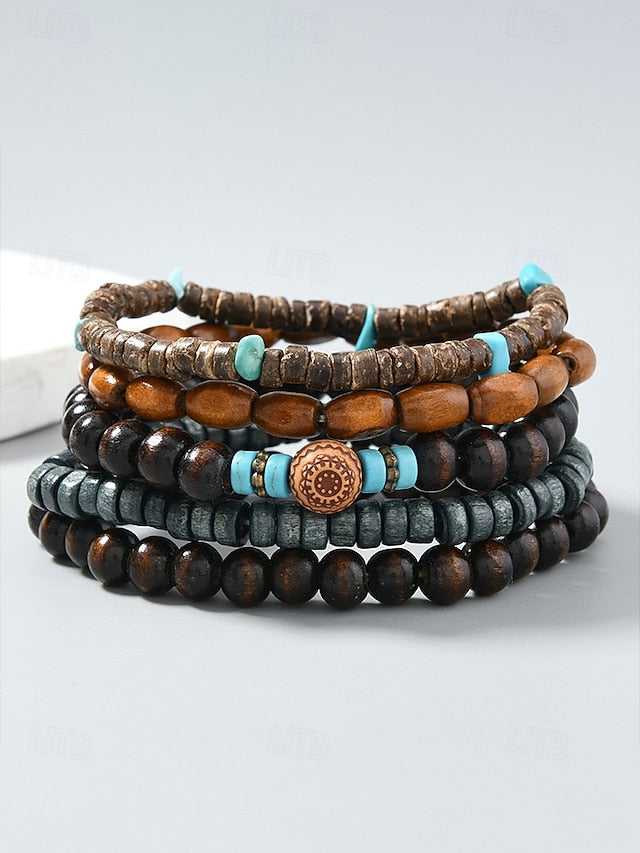 Men's Bohemian Stackable Wood Bead Bracelet Set
