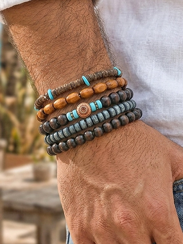 Men's Bohemian Stackable Wood Bead Bracelet Set