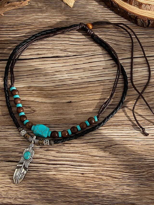 Men's Vintage Feather Pendant Necklace with Turquoise Beads