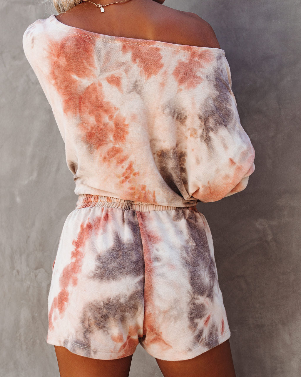 World Of Comfort Pocketed Tie Dye Knit Shorts - Coral/Taupe