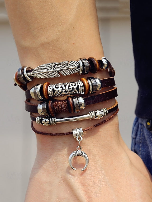 Men's Boho Multi-Layer Leather Bracelet with Feather