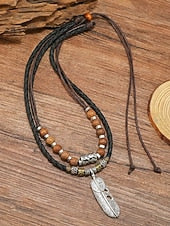 Men's Vintage Feather Pendant Necklace with Turquoise Beads