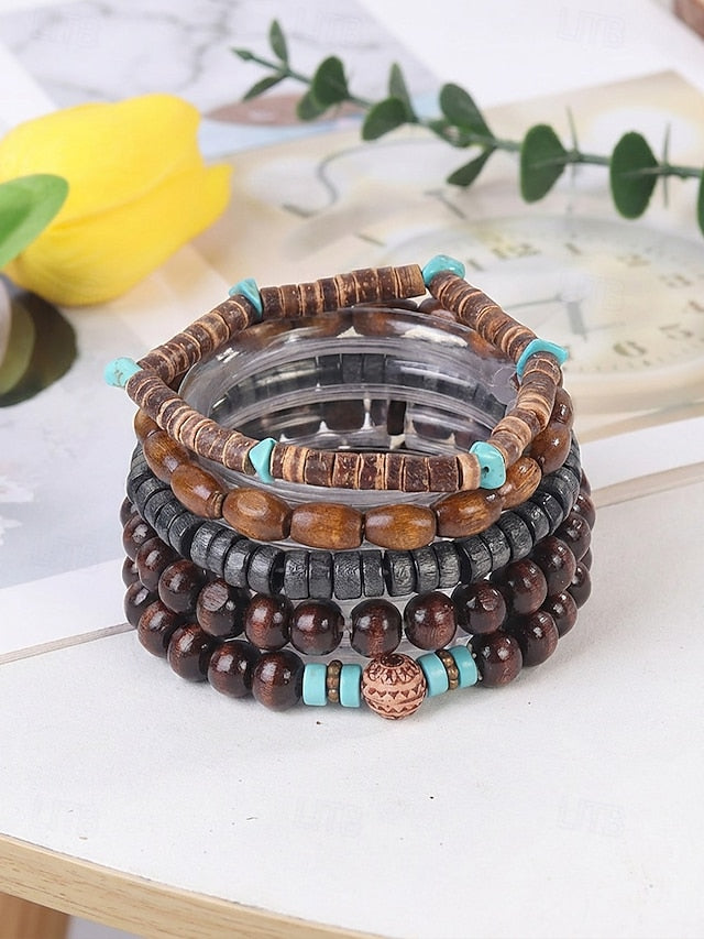 Men's Bohemian Stackable Wood Bead Bracelet Set