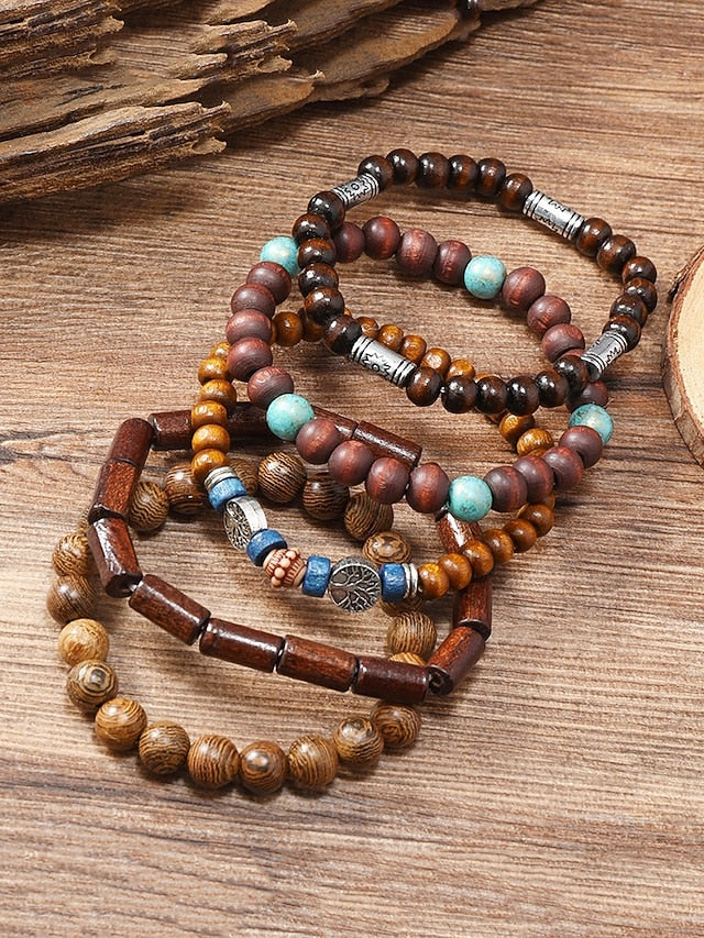 Men's Multilayer Wooden Bead Bracelet Set, Bohemian Style Handmade Jewelry for Casual and Beachwear