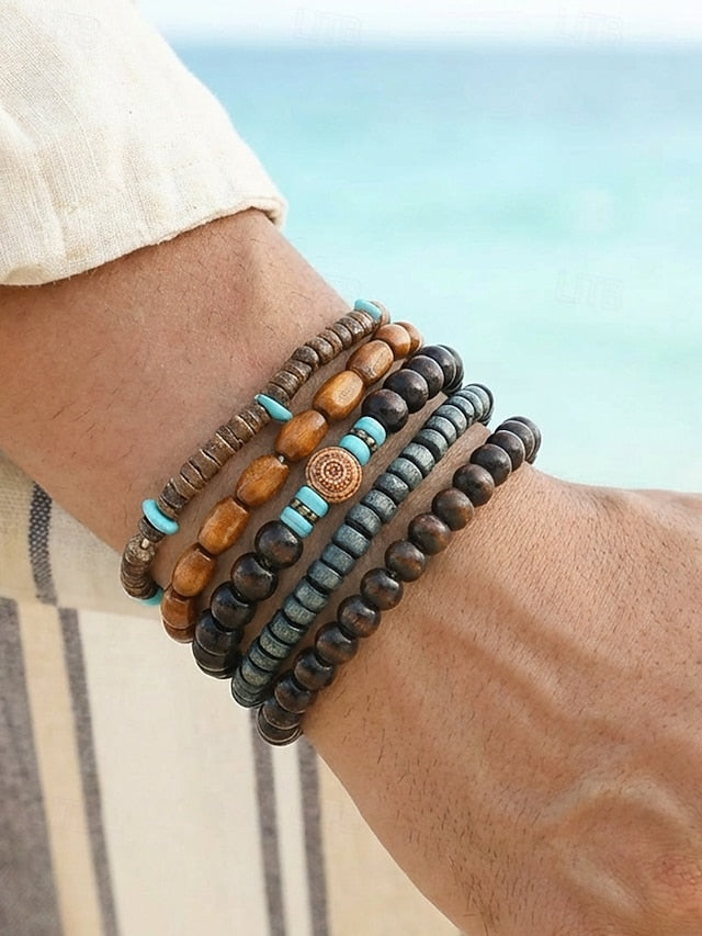 Men's Bohemian Stackable Wood Bead Bracelet Set