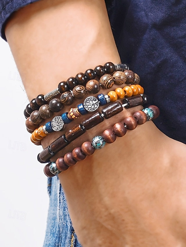 Men's Multilayer Wooden Bead Bracelet Set, Bohemian Style Handmade Jewelry for Casual and Beachwear