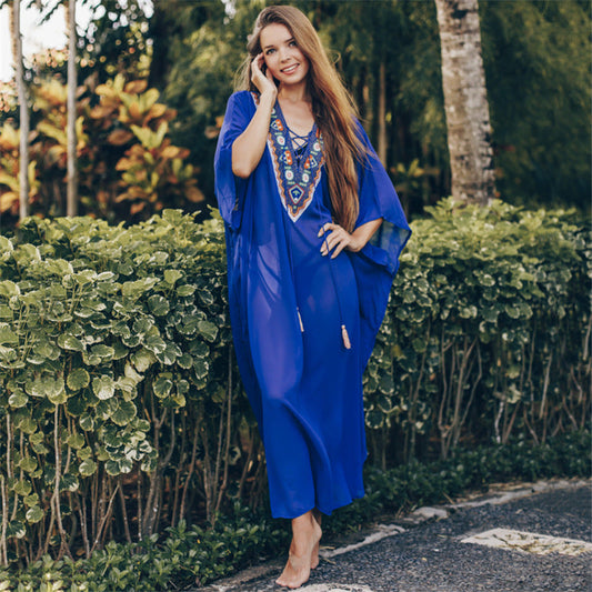 Blue Half Sleeve Kaftans Chiffon Dresses-STYLEGOING