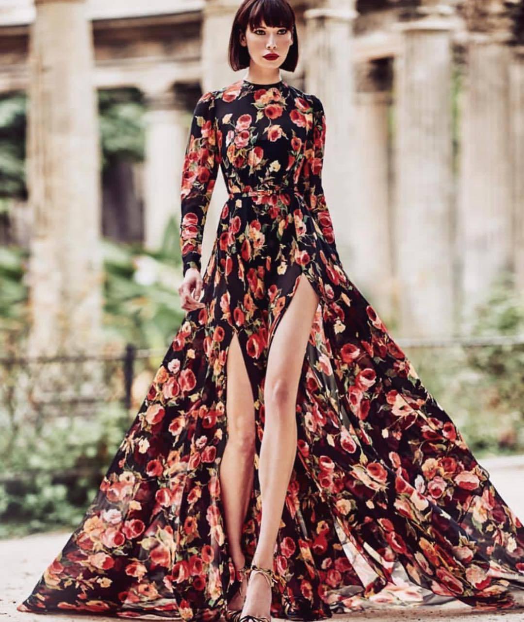 Front Split Floral Print Long Maxi Dresses-STYLEGOING