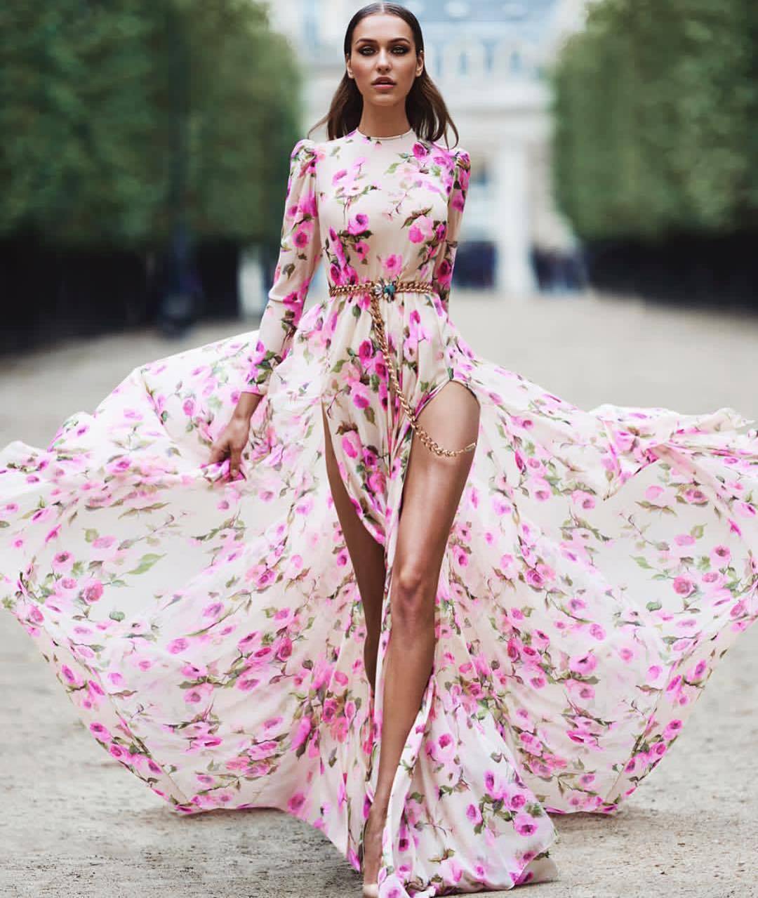 Front Split Floral Print Long Maxi Dresses-STYLEGOING