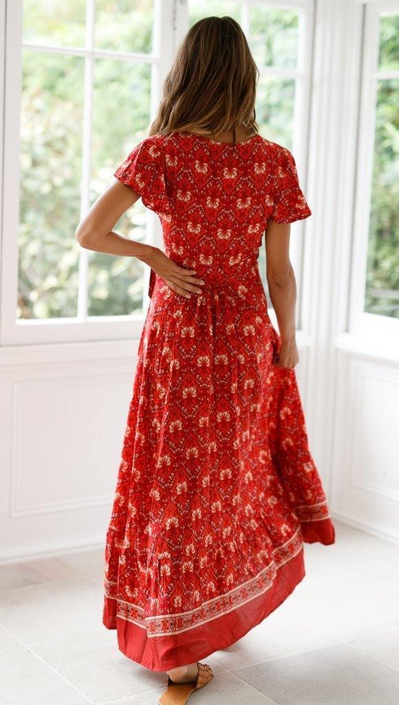 Summer Floral Print Short Sleeves Red Dresses-STYLEGOING