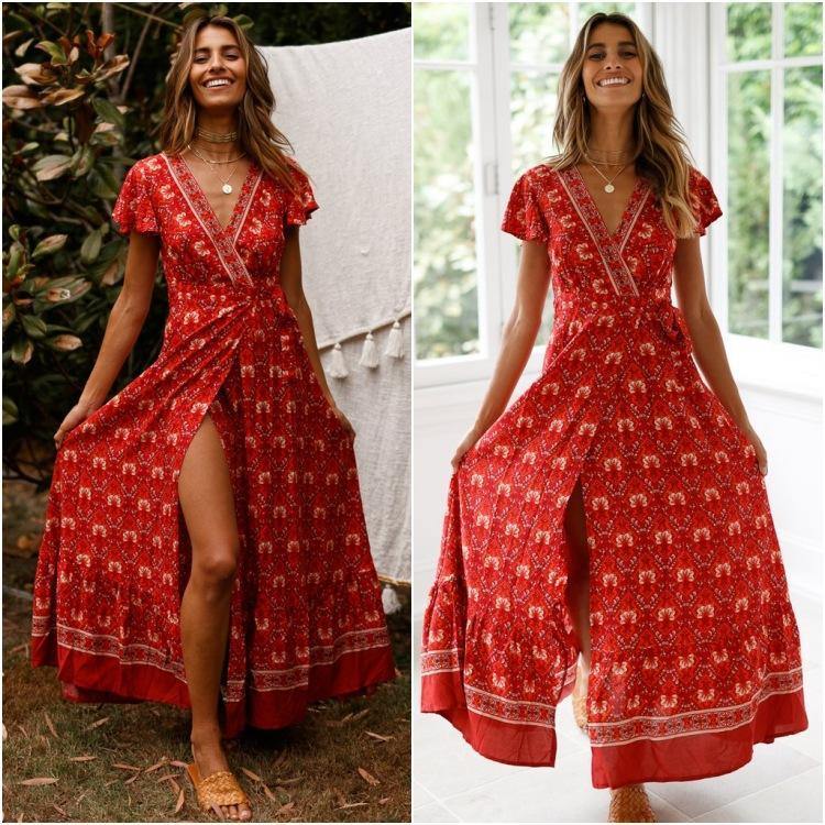 Summer Floral Print Short Sleeves Red Dresses-STYLEGOING