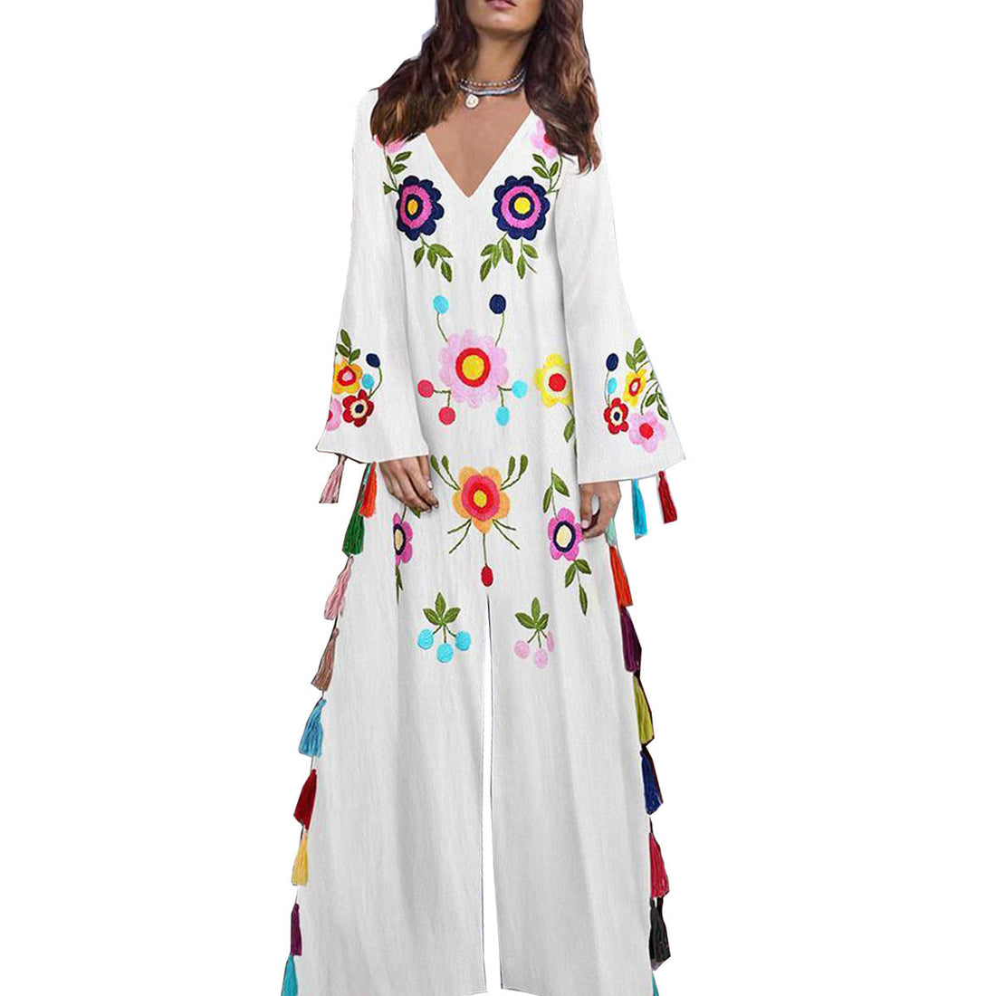 White Floral Print Split Front Boho Long Dresses