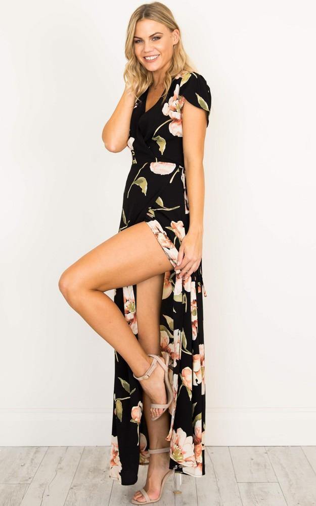 Summer Short Sleeves V Neck Long Dresses-STYLEGOING