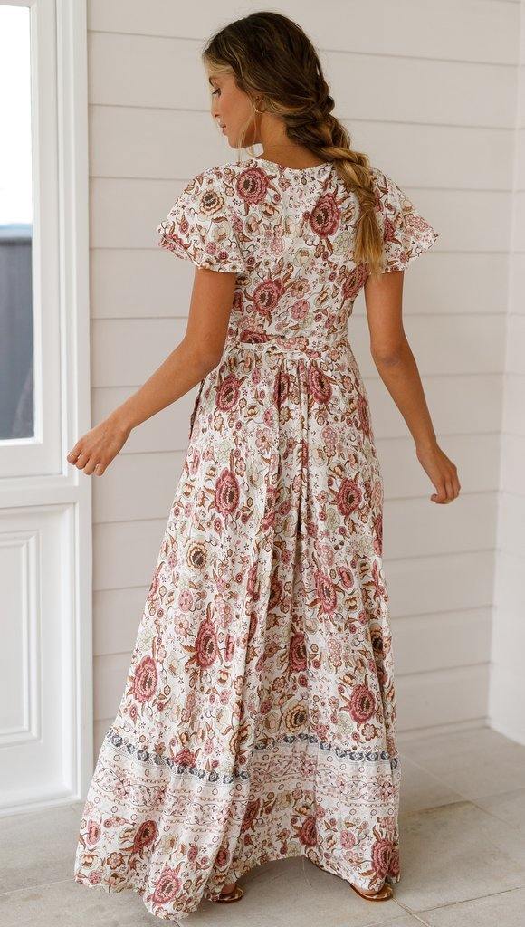 Summer V Neck Ruffled Sleeves Long Dresses-STYLEGOING
