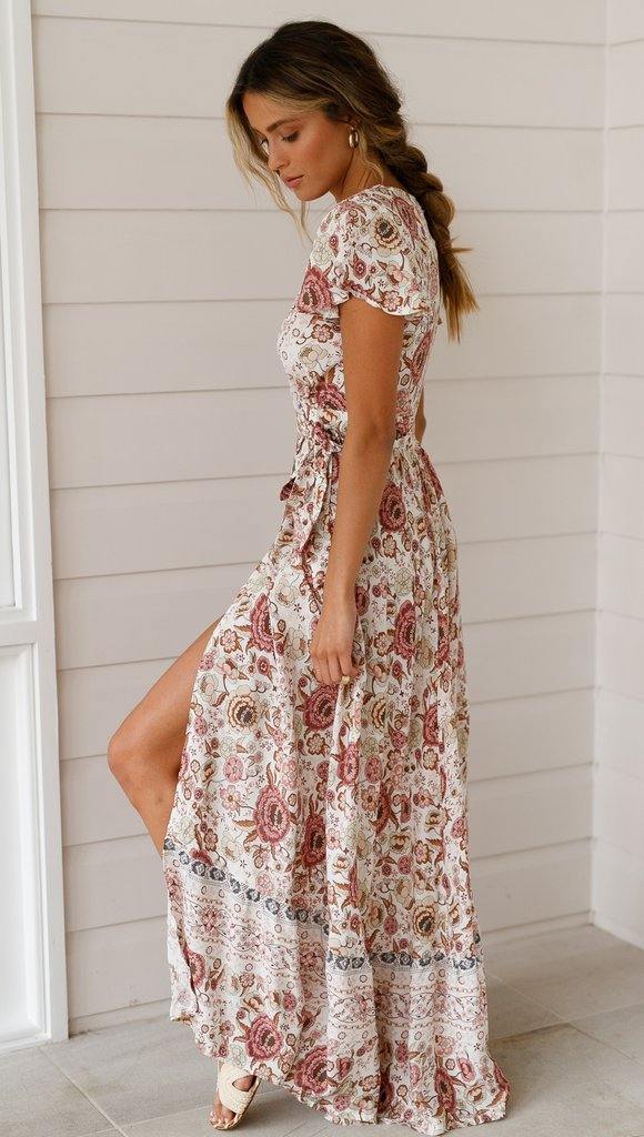 Summer V Neck Ruffled Sleeves Long Dresses-STYLEGOING