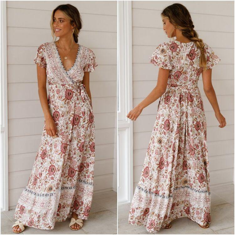 Summer V Neck Ruffled Sleeves Long Dresses-STYLEGOING