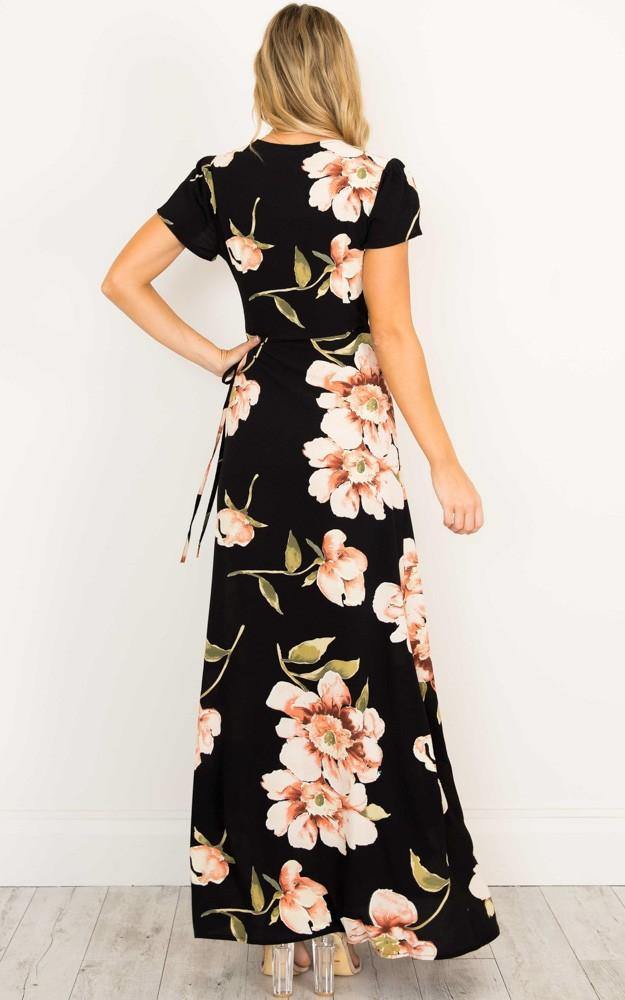 Summer Short Sleeves V Neck Long Dresses-STYLEGOING