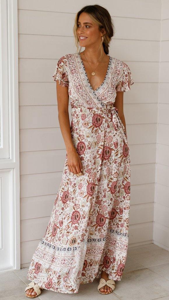 Summer V Neck Ruffled Sleeves Long Dresses-STYLEGOING