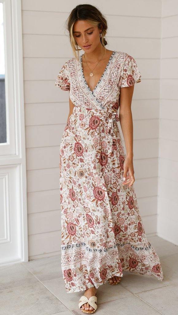 Summer V Neck Ruffled Sleeves Long Dresses-STYLEGOING