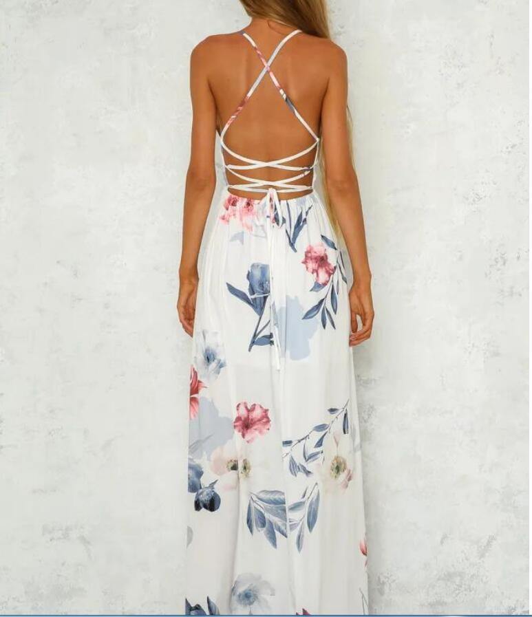 Flower Pirnt Cross Back Long Maxi Dresses-STYLEGOING