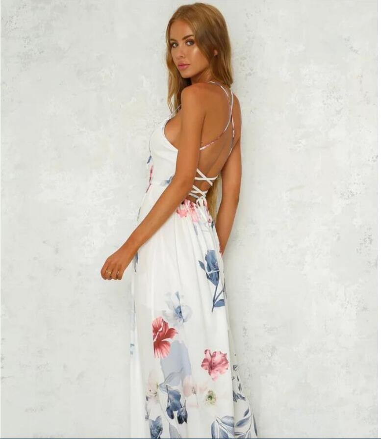 Flower Pirnt Cross Back Long Maxi Dresses-STYLEGOING