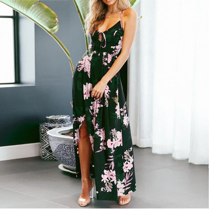 Flower Pirnt Cross Back Long Maxi Dresses-STYLEGOING