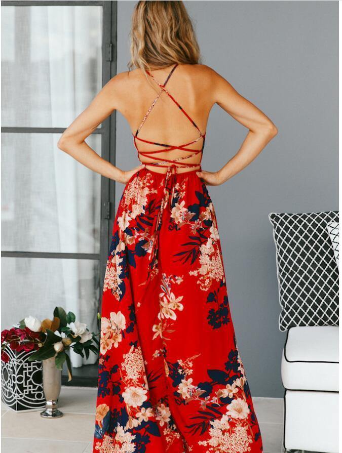 Flower Pirnt Cross Back Long Maxi Dresses-STYLEGOING