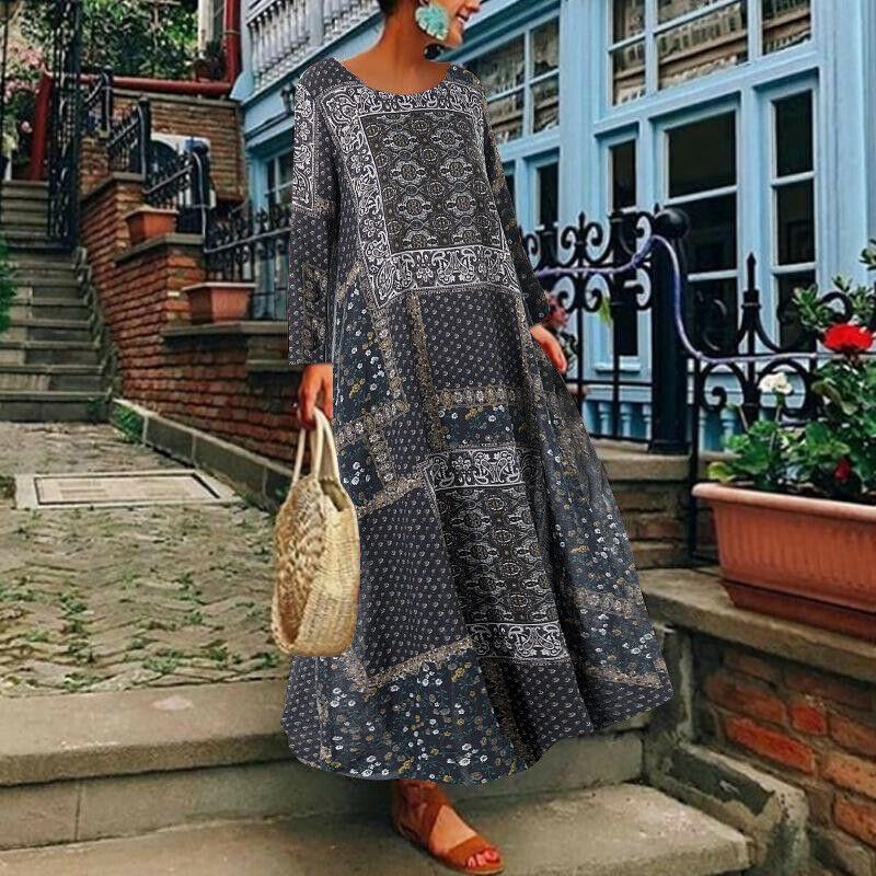 Plus Sizes Linen Long Sleeves Midi Dresses-STYLEGOING