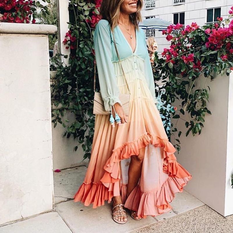 Summer Long Sleeves Boho Long Dresses-STYLEGOING