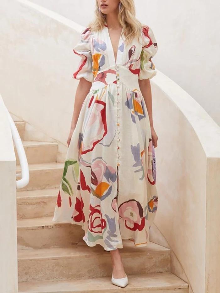Long Sleeves Chiffon Floral Long Dresses-STYLEGOING