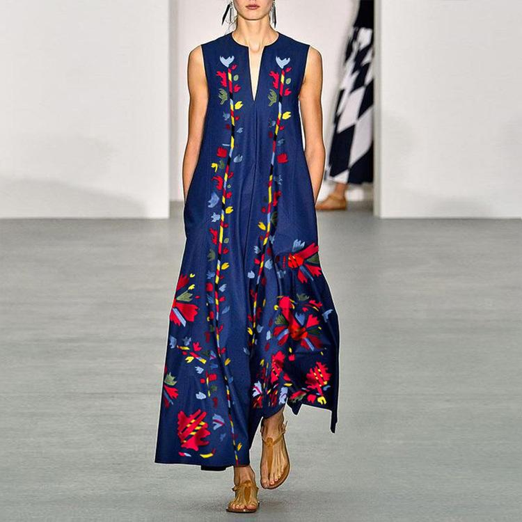 Casual V Neck Floral Print Boho Long Dresses-STYLEGOING