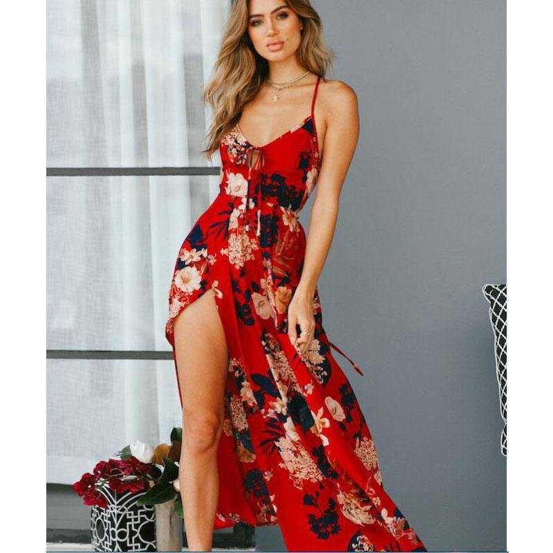 Flower Pirnt Cross Back Long Maxi Dresses-STYLEGOING