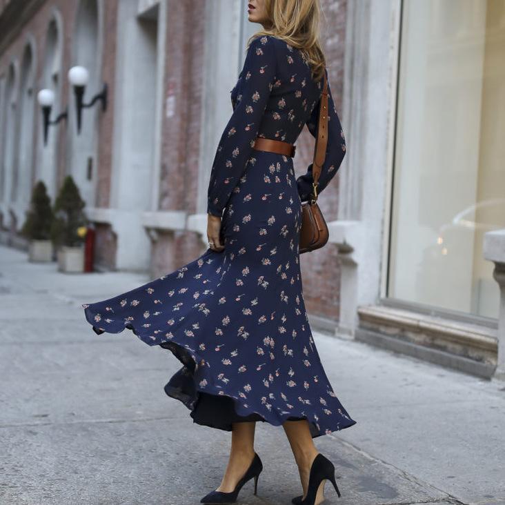 Leisure Long Sleeves Dark Bule Long Dresses-STYLEGOING