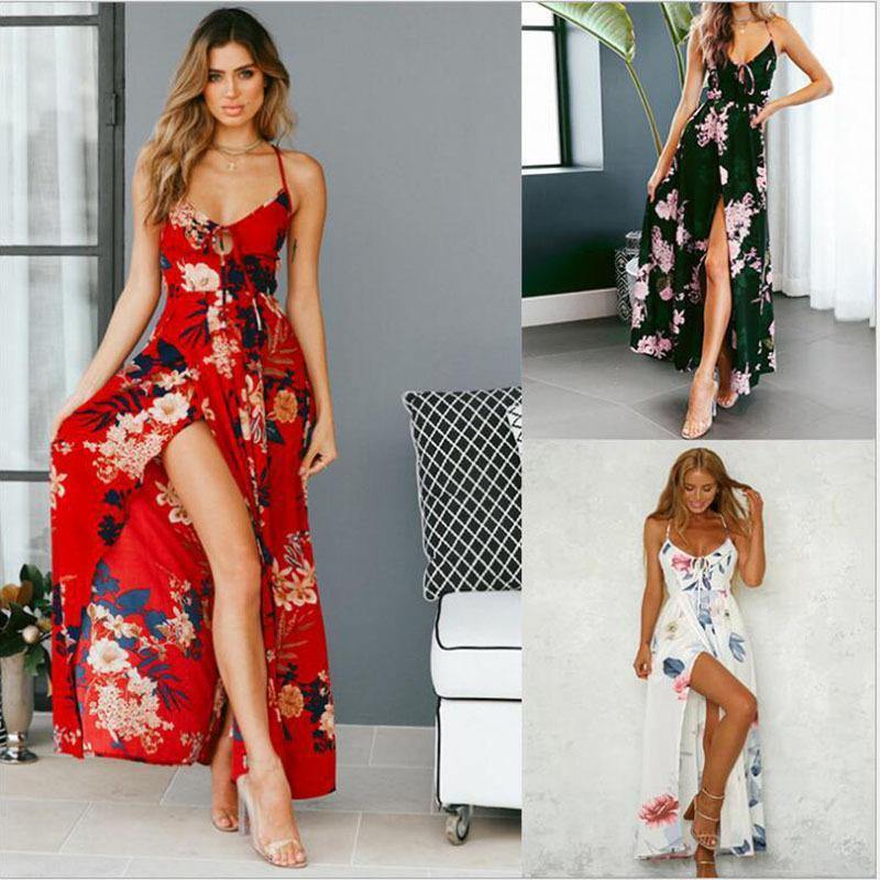 Flower Pirnt Cross Back Long Maxi Dresses-STYLEGOING