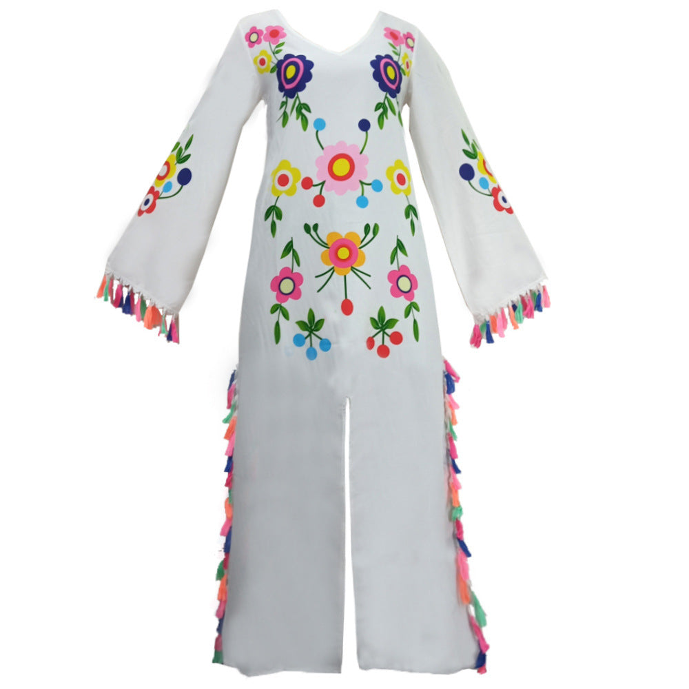 White Floral Print Split Front Boho Long Dresses