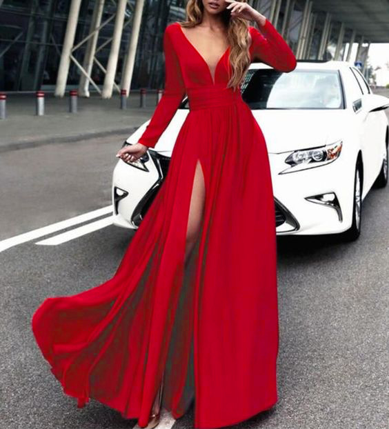 Sexy V-neck Long Sleeves Long Dresses-STYLEGOING