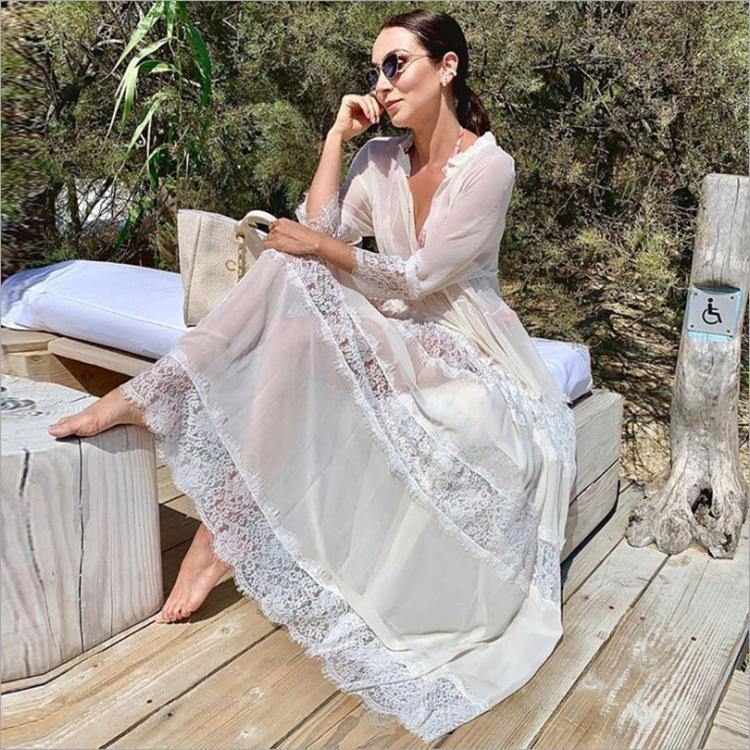 White Long Sleeves Chiffon Beach Cover Ups-STYLEGOING